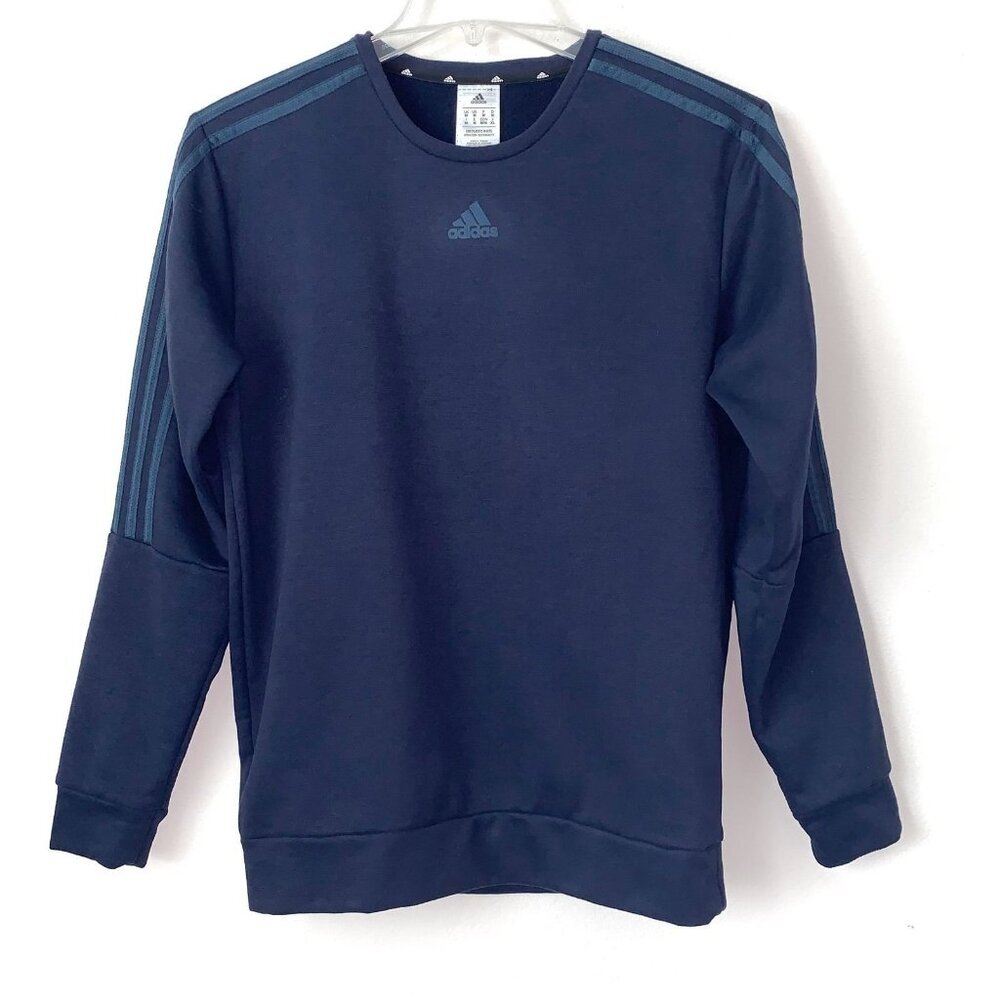 Adidas 3 Stripe Crewneck Fleece Pullover Mens Medium Tre Foil Ink Blue Casual